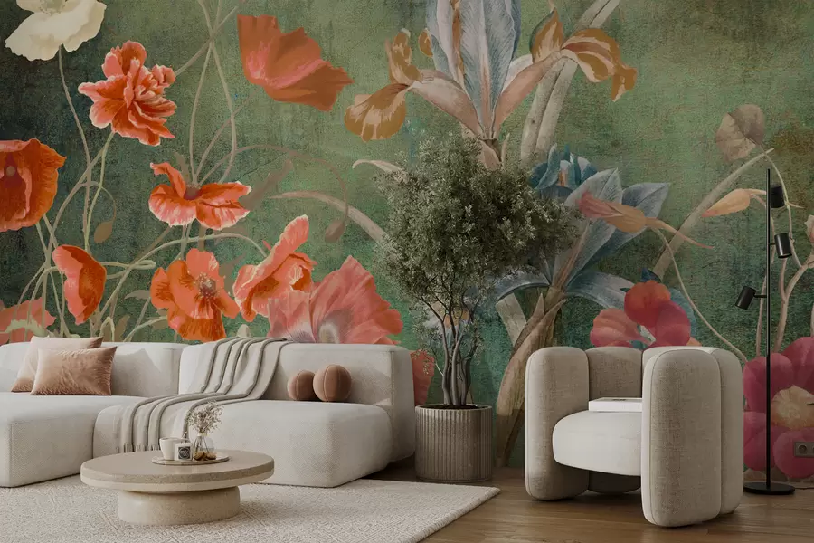 murais de parede Uma pintura floral vibrante com uma variedade de flores coloridas contra um fundo verde suave w00698
