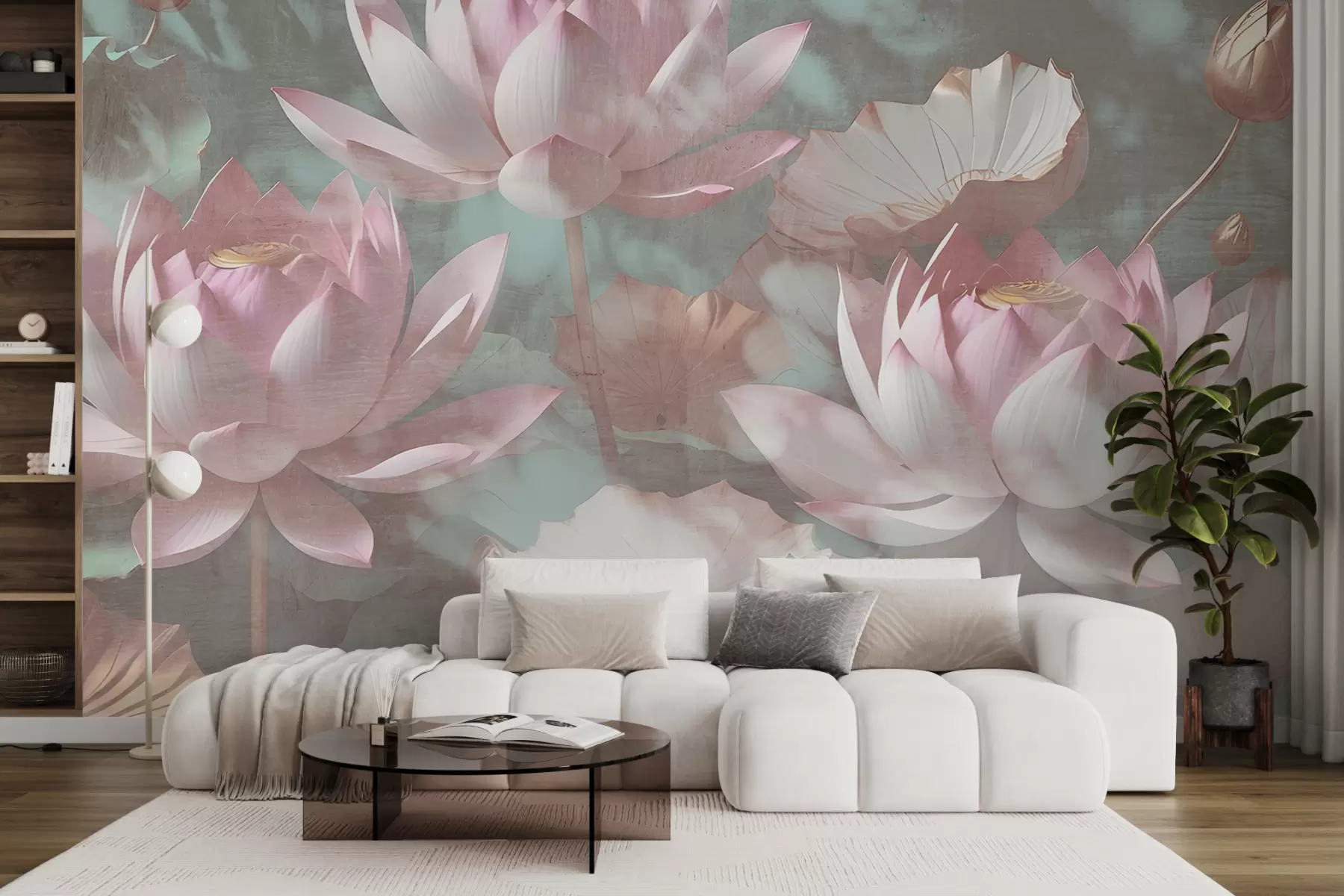 murais de parede Um close de várias delicadas flores de lótus rosa contra um fundo suave e desfocado w00710