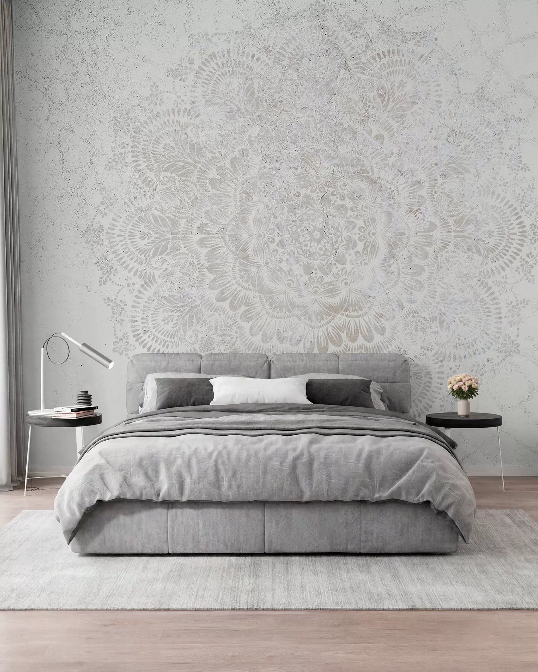 murais de parede Mandala, padrão de renda branca com motivos florais e circulares, criando um design delicado e intrincado w00737