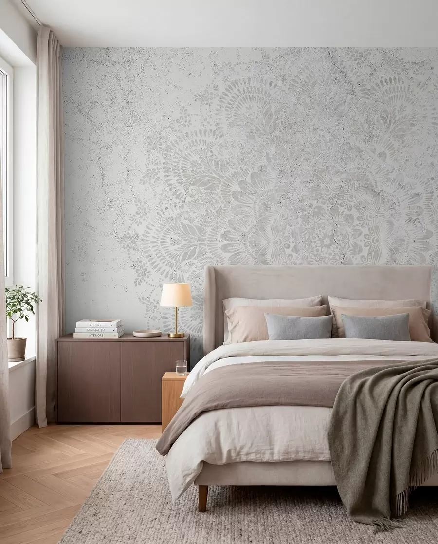 murais de parede Mandala, padrão de renda branca com motivos florais e circulares, criando um design delicado e intrincado w00737