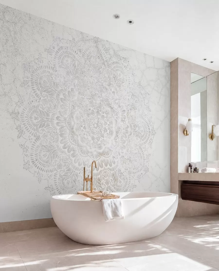 murais de parede Mandala, padrão de renda branca com motivos florais e circulares, criando um design delicado e intrincado w00737