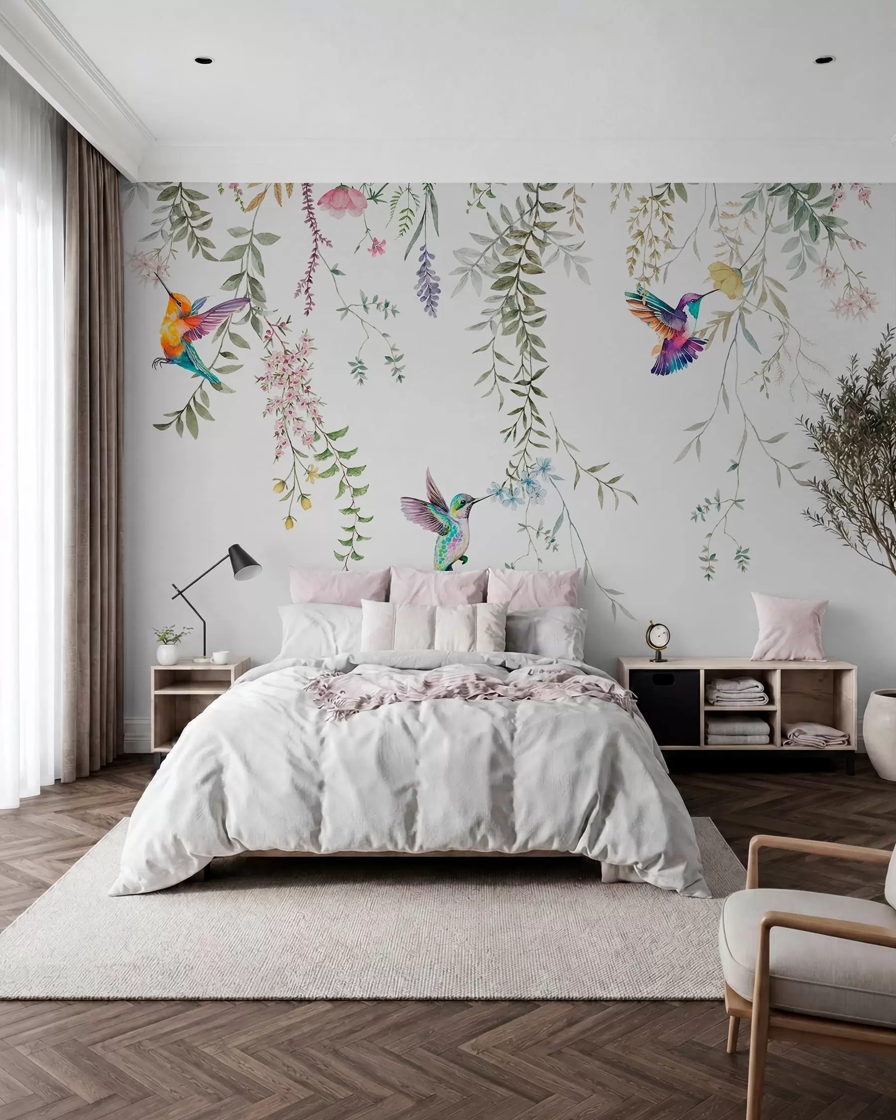 murais de parede Flores e folhas penduradas e lindos beija-flores w00660