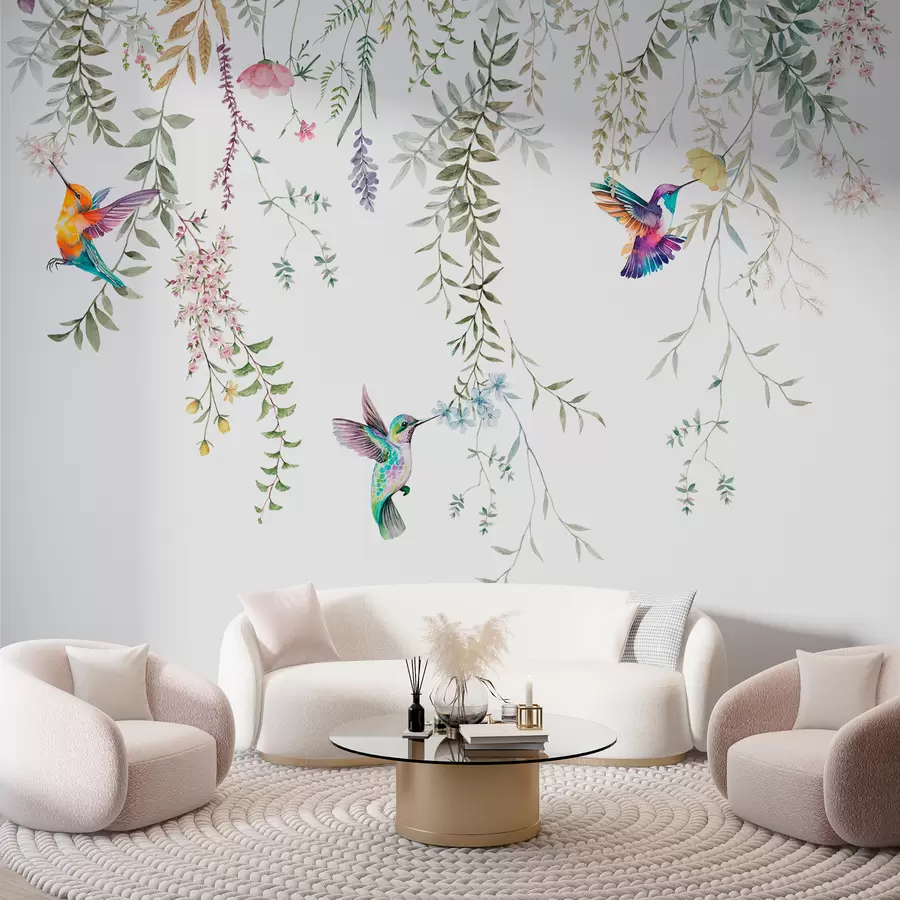 murais de parede Flores e folhas penduradas e lindos beija-flores w00660