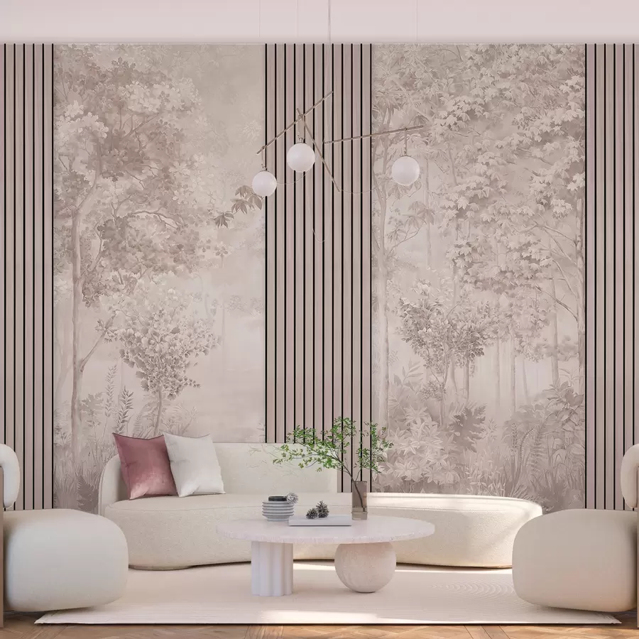 murais de parede Painéis de madeira e floresta delicada em tons rosa w00670v1