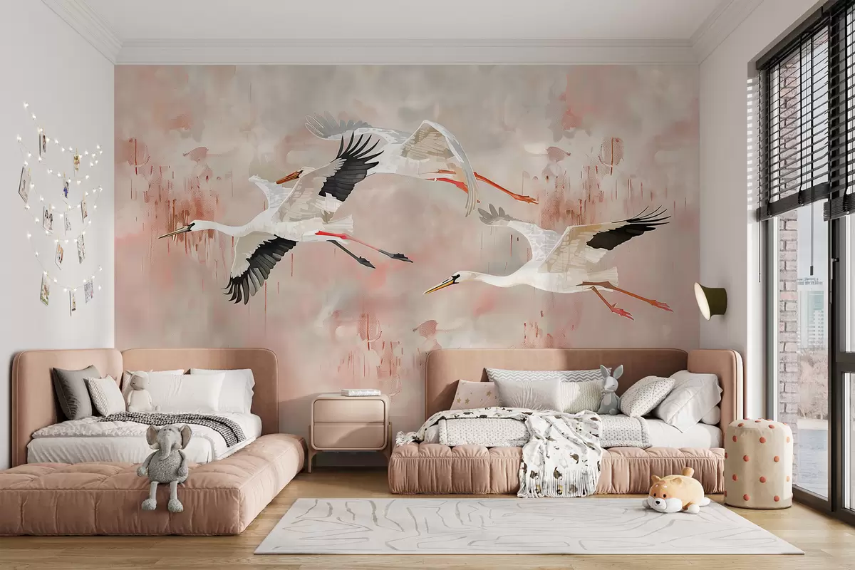 murais de parede Cegonhas em um fundo rosa claro w00760