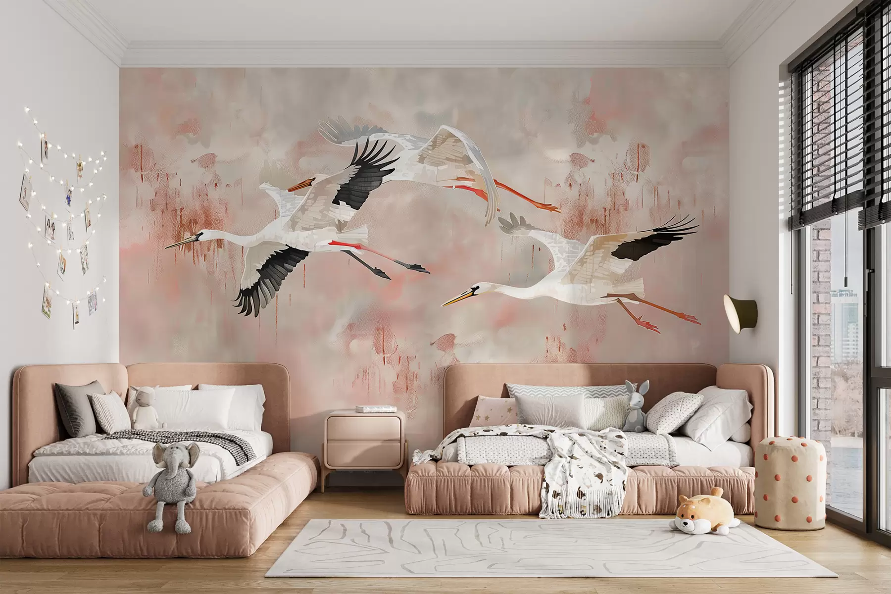 murais de parede Cegonhas em um fundo rosa claro w00760