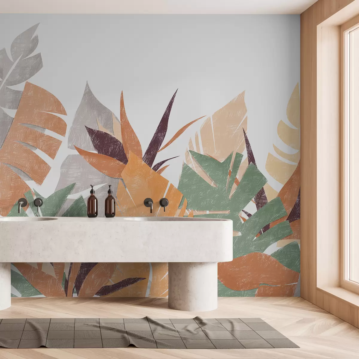 murais de parede Folhas de palmeira, trópicos, lápis de imitação de silhueta de planta, flor, verde, laranja, cinza, vermelho roxo, cor w00790