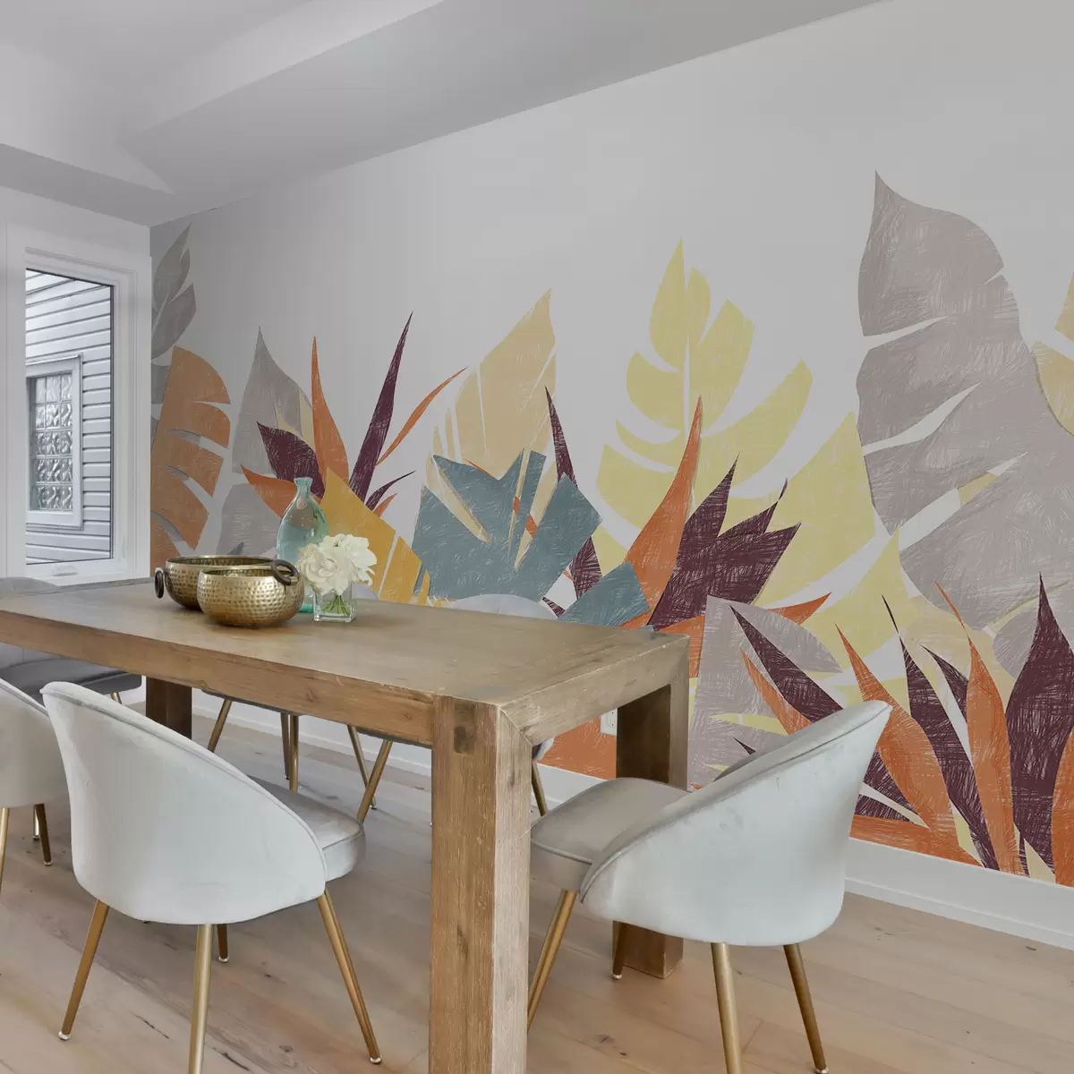 murais de parede Folhas de palmeira, trópicos, lápis de imitação de silhueta de planta, flor, azul, amarelo, laranja, cinza, roxo, cor w00790v1