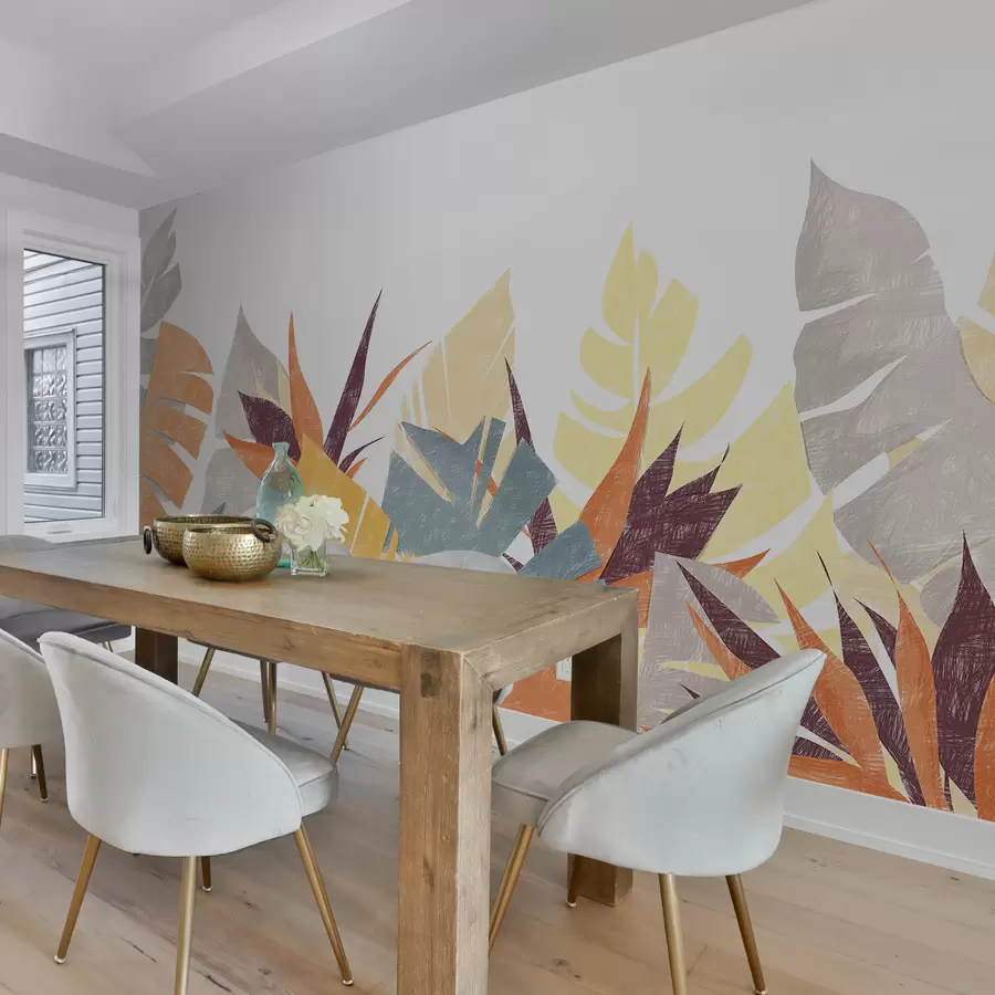 murais de parede Folhas de palmeira, trópicos, lápis de imitação de silhueta de planta, flor, azul, amarelo, laranja, cinza, roxo, cor w00790v1