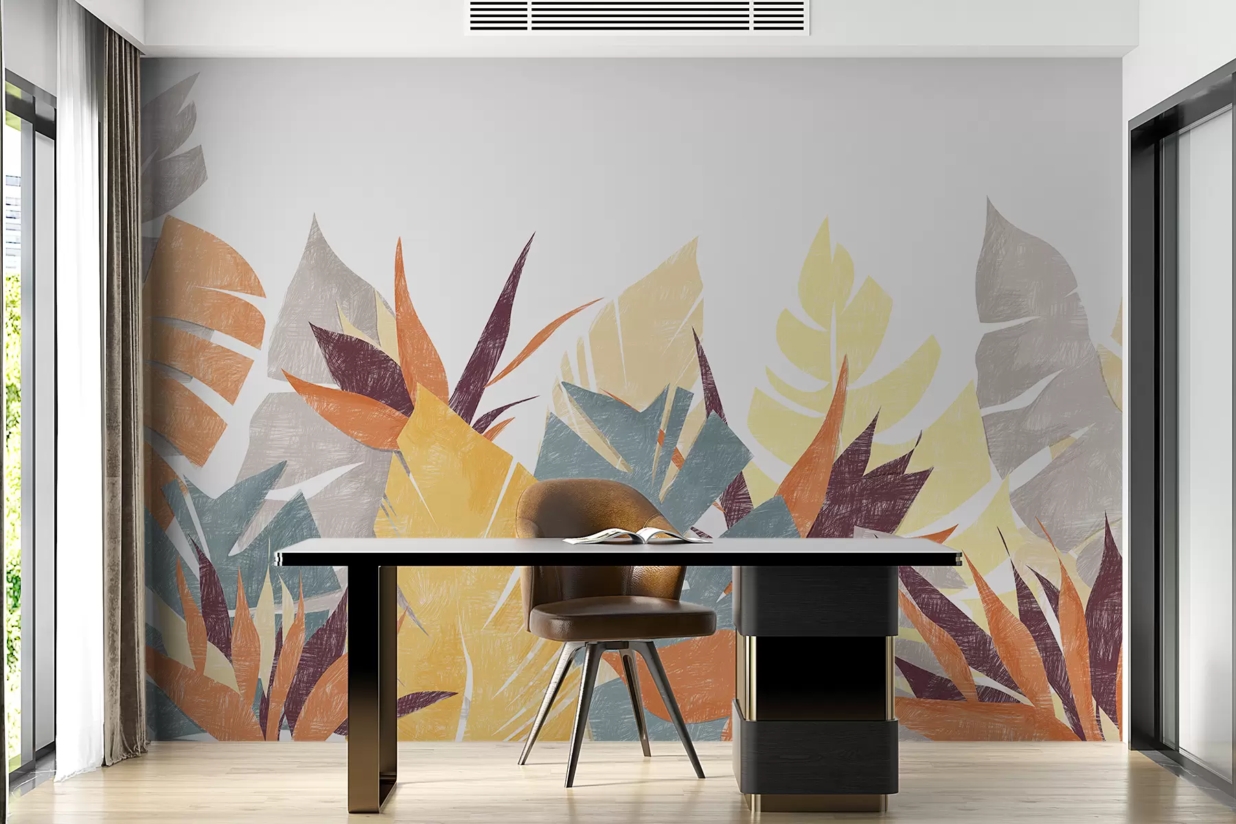 murais de parede Folhas de palmeira, trópicos, lápis de imitação de silhueta de planta, flor, azul, amarelo, laranja, cinza, roxo, cor w00790v1