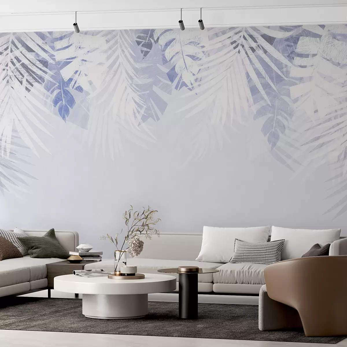 murais de parede Folhagem tropical e galhos, cor branca e azul w00793v1