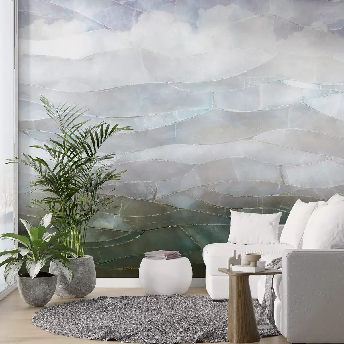 murais de parede Paisagem texturizada e enevoada e montanhosa com gradiente abstrato com campos verdes rolantes através do nevoeiro w00795