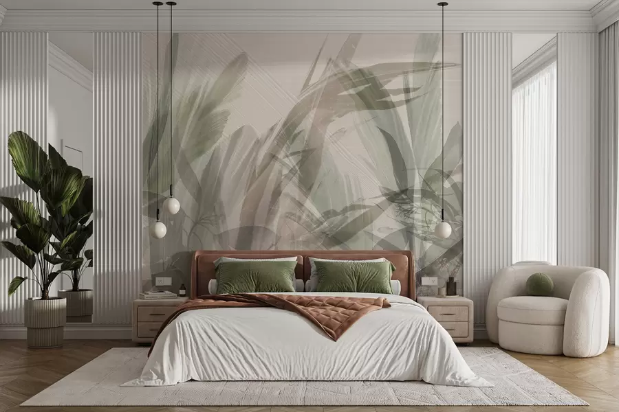 murais de parede Multicomposição abstrata de folhas tropicais borradas, semelhantes a grama, em tons de verde claro e cinza w00798