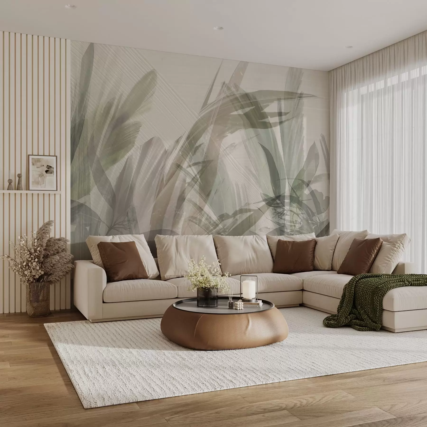 murais de parede Multicomposição abstrata de folhas tropicais borradas, semelhantes a grama, em tons de verde claro e cinza w00798