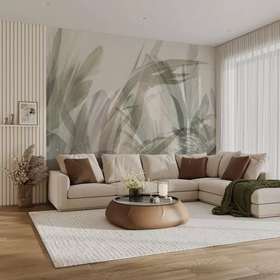 murais de parede Multicomposição abstrata de folhas tropicais borradas, semelhantes a grama, em tons de verde claro e cinza w00798