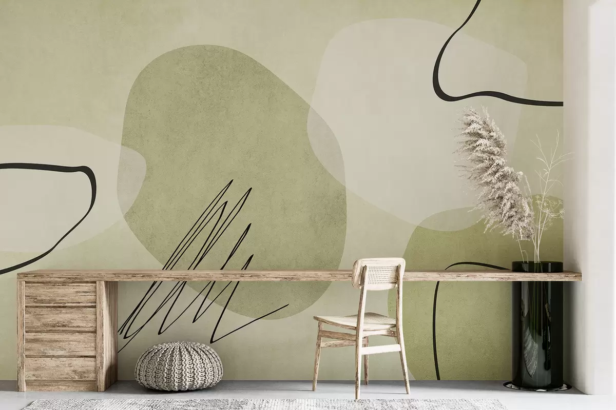 murais de parede Abstração boho, mancha, geométrica, linhas, texturizadas, tons de verde w00815v1