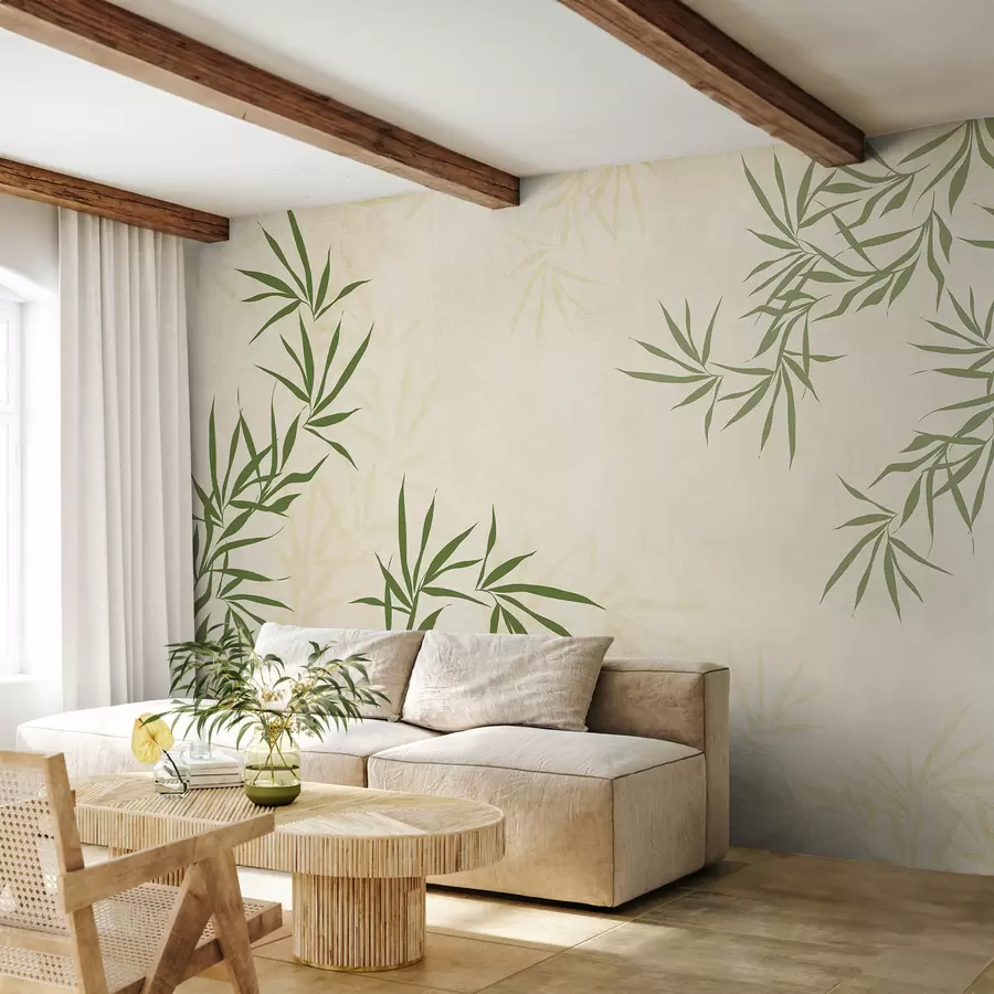 murais de parede Galhos de plantas, bambu, estilo vintage, fundo de textura, cor amarela, verde w00817