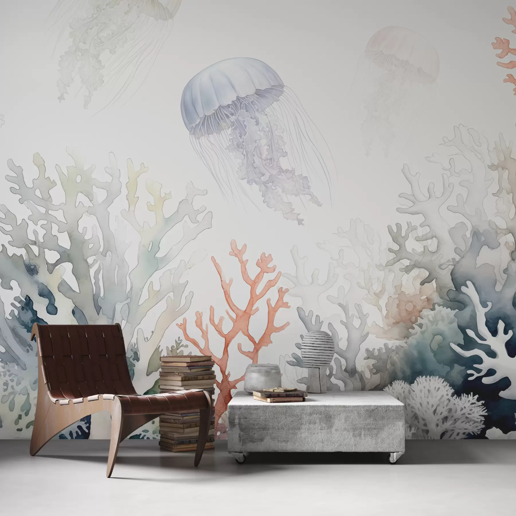 murais de parede Corais marinhos, água-viva nadam, aquarela, cinza, azul, vermelho w00819