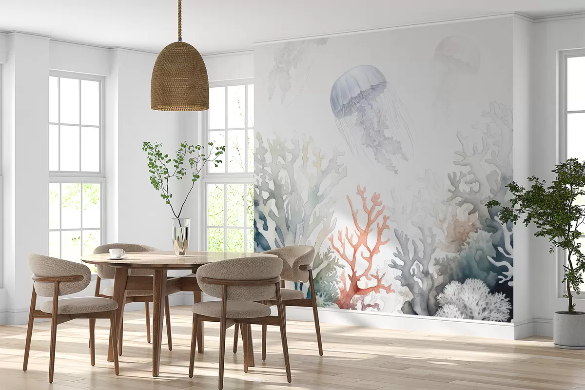 murais de parede Corais marinhos, água-viva nadam, aquarela, cinza, azul, vermelho w00819