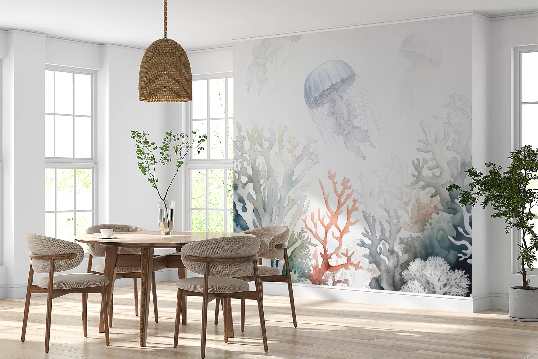 murais de parede Corais marinhos, água-viva nadam, aquarela, cinza, azul, vermelho w00819