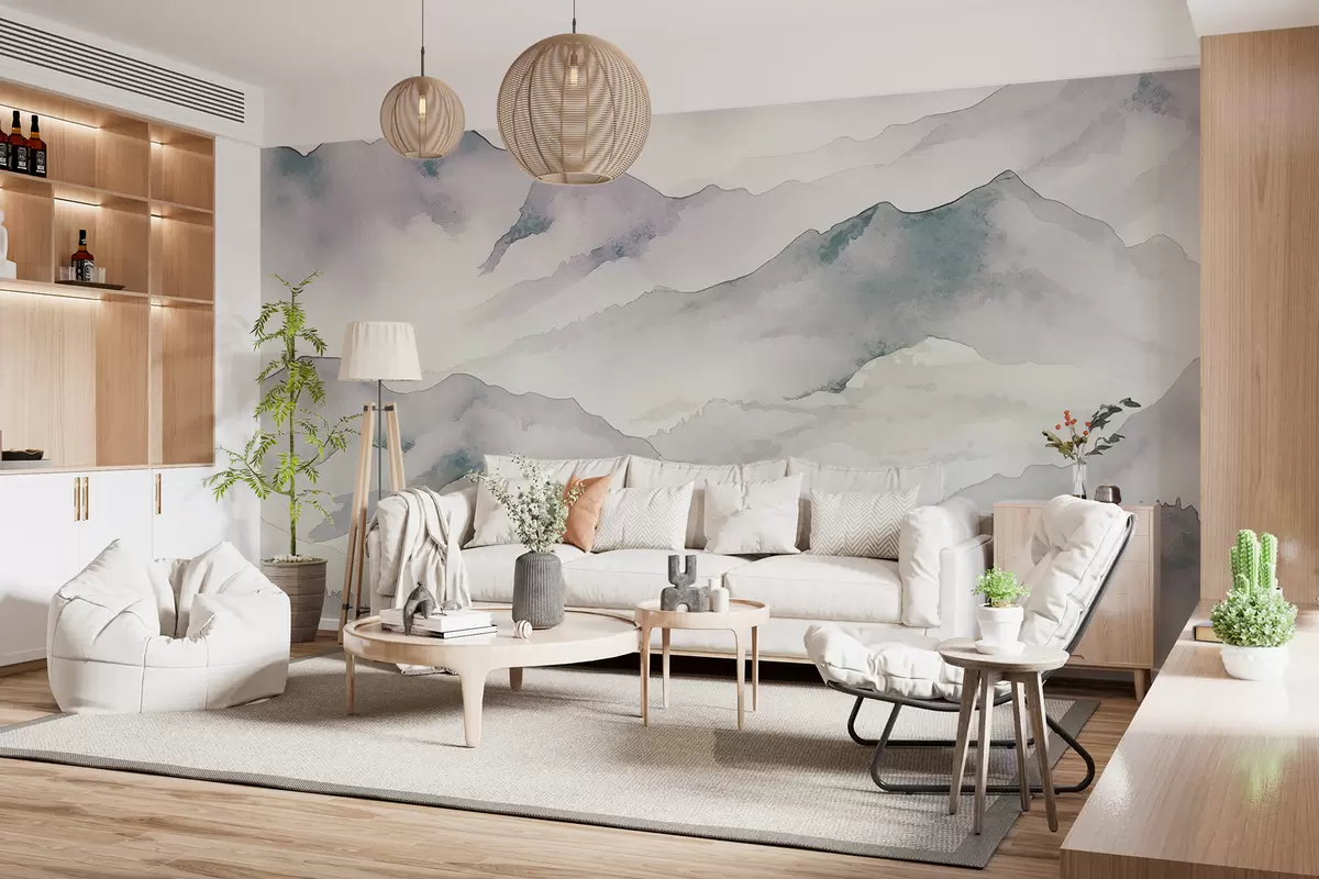 murais de parede Cordilheiras aquarela, paisagem, paisagem, azul, cinza, cor sépia w00840v1