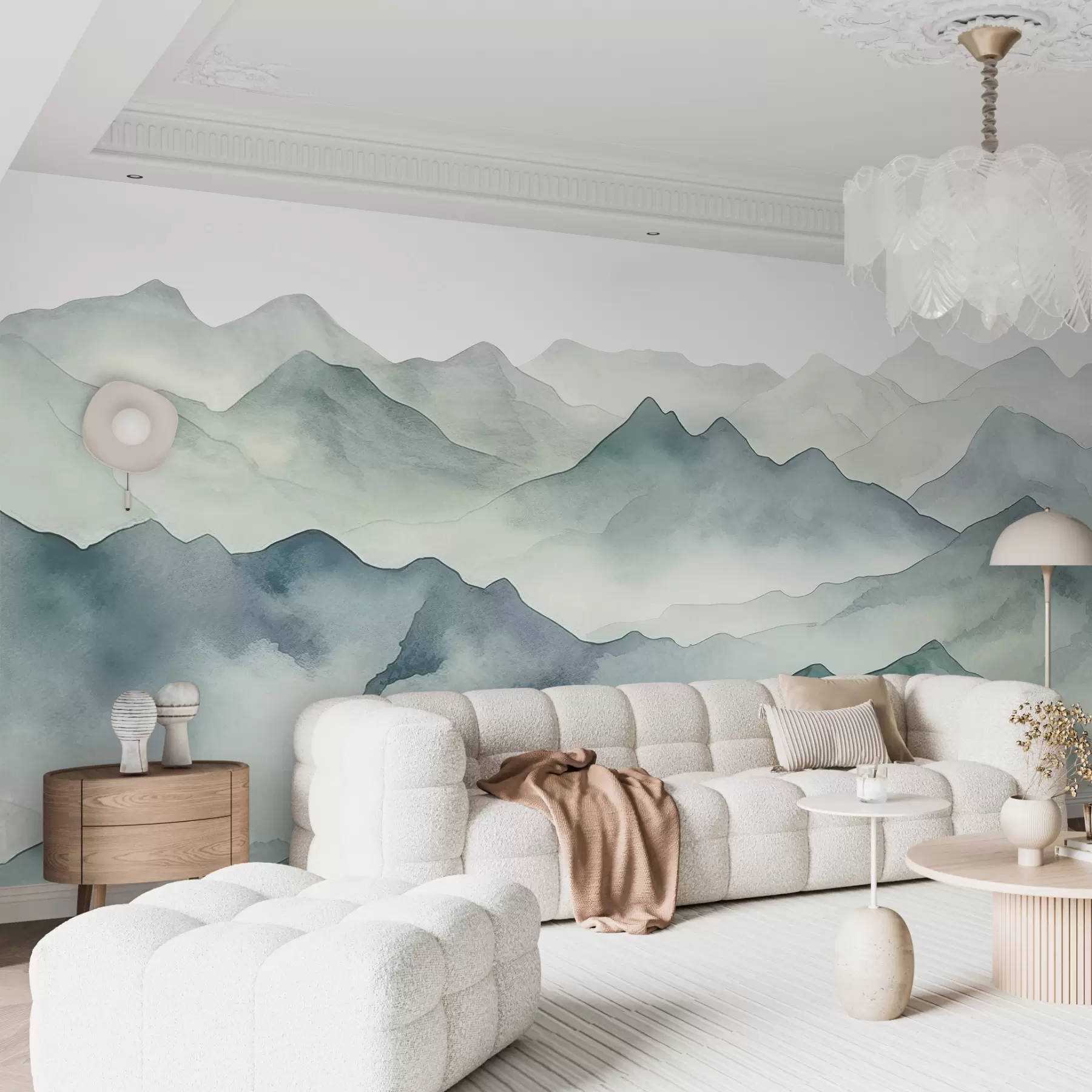 murais de parede Picos e passagens de montanhas, aquarela, paisagem, paisagem, cor azul, cinza w00841