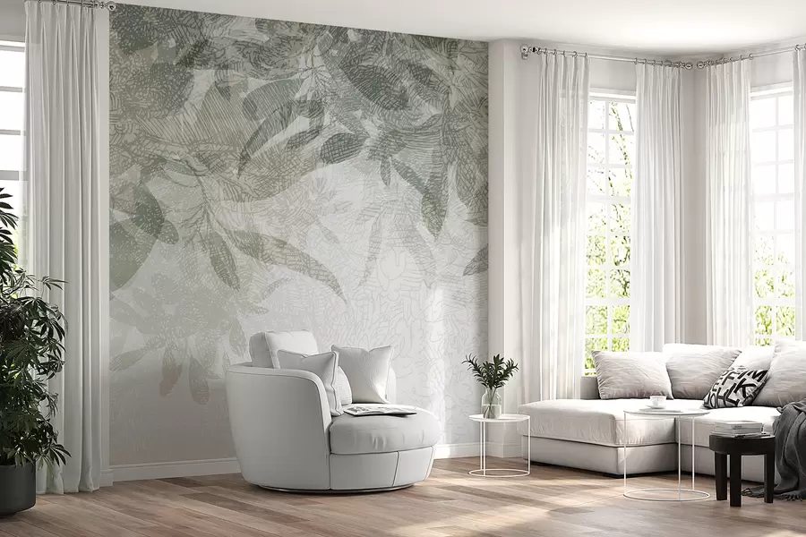 murais de parede Folhas suaves e desfocadas em tons de verde e cinza contra um fundo de desenho textural claro w00854