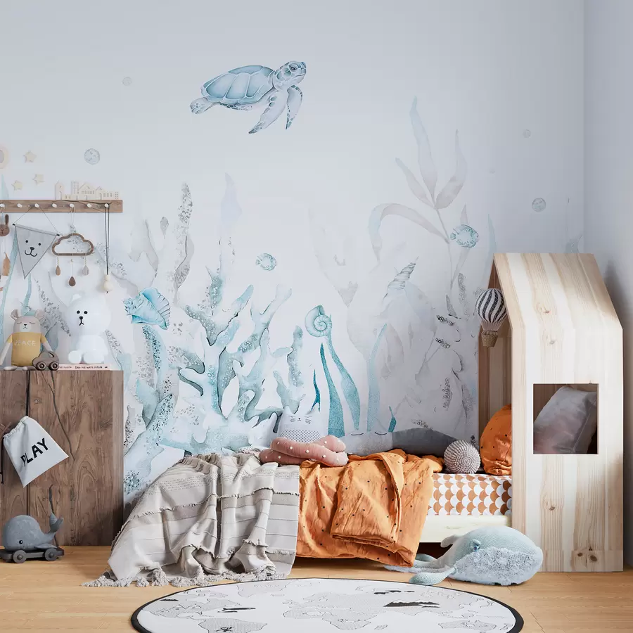 murais de parede Corais marinhos em aquarela, conchas, tartarugas, vida marinha, cores azuis suaves w00849