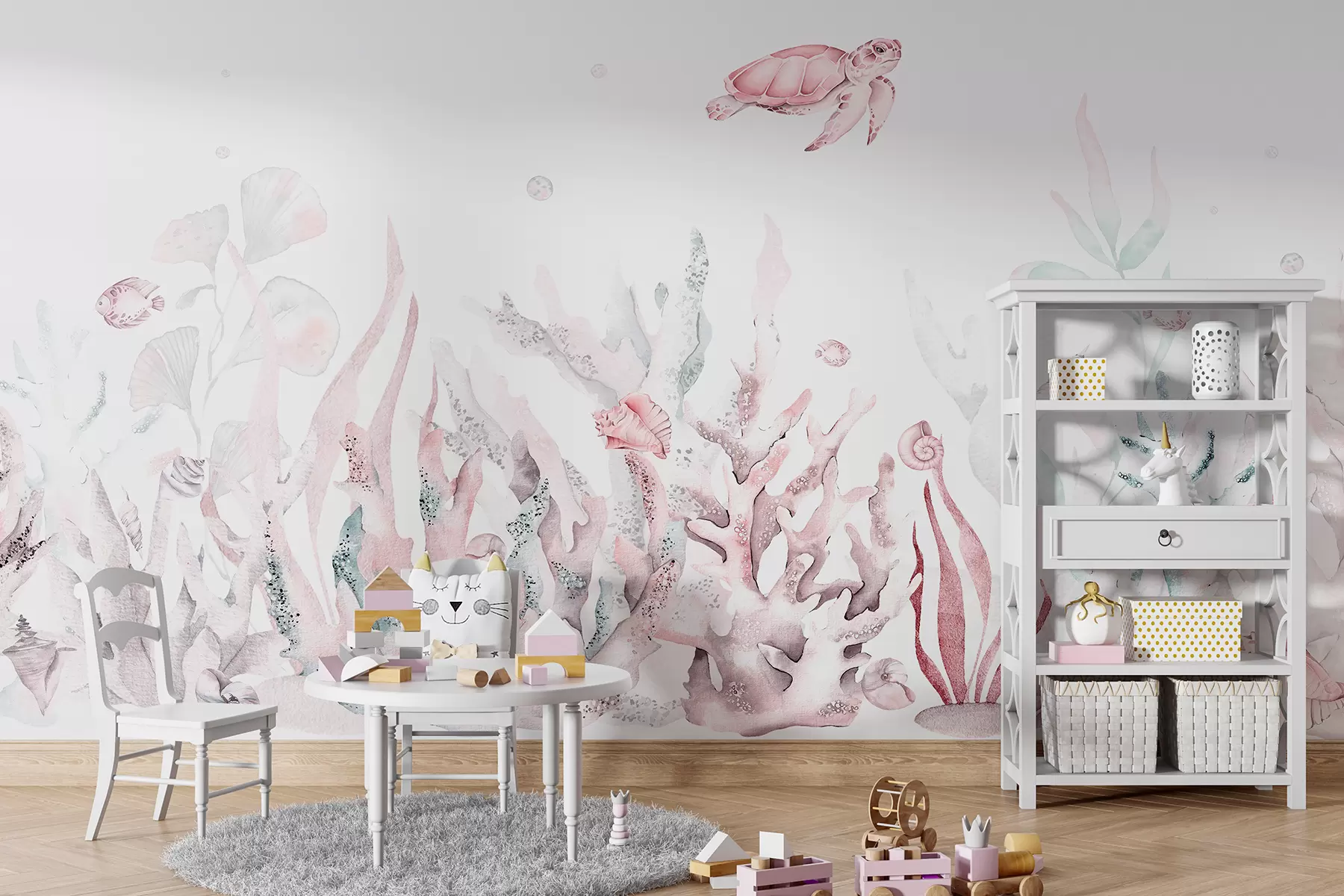 murais de parede Corais marinhos em aquarela, conchas, tartarugas, vida marinha, cores rosa suaves w00849v2