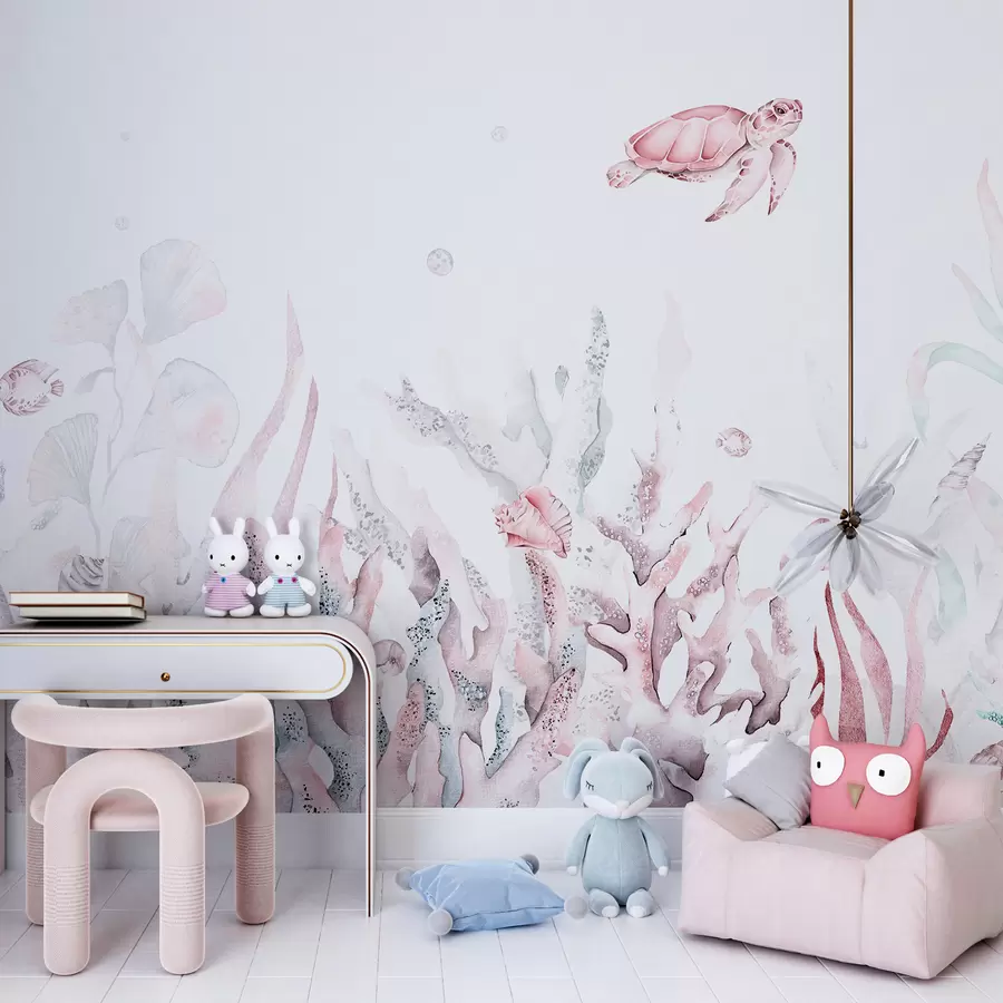 murais de parede Corais marinhos em aquarela, conchas, tartarugas, vida marinha, cores rosa suaves w00849v2