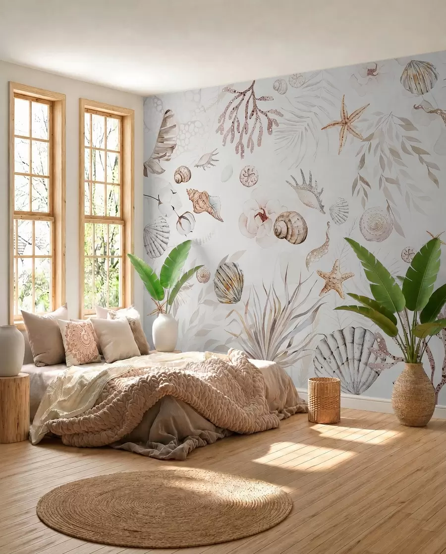 murais de parede Padrão marinho aquarela, estilo boho, conchas, corais, algodão, cores bege w00851