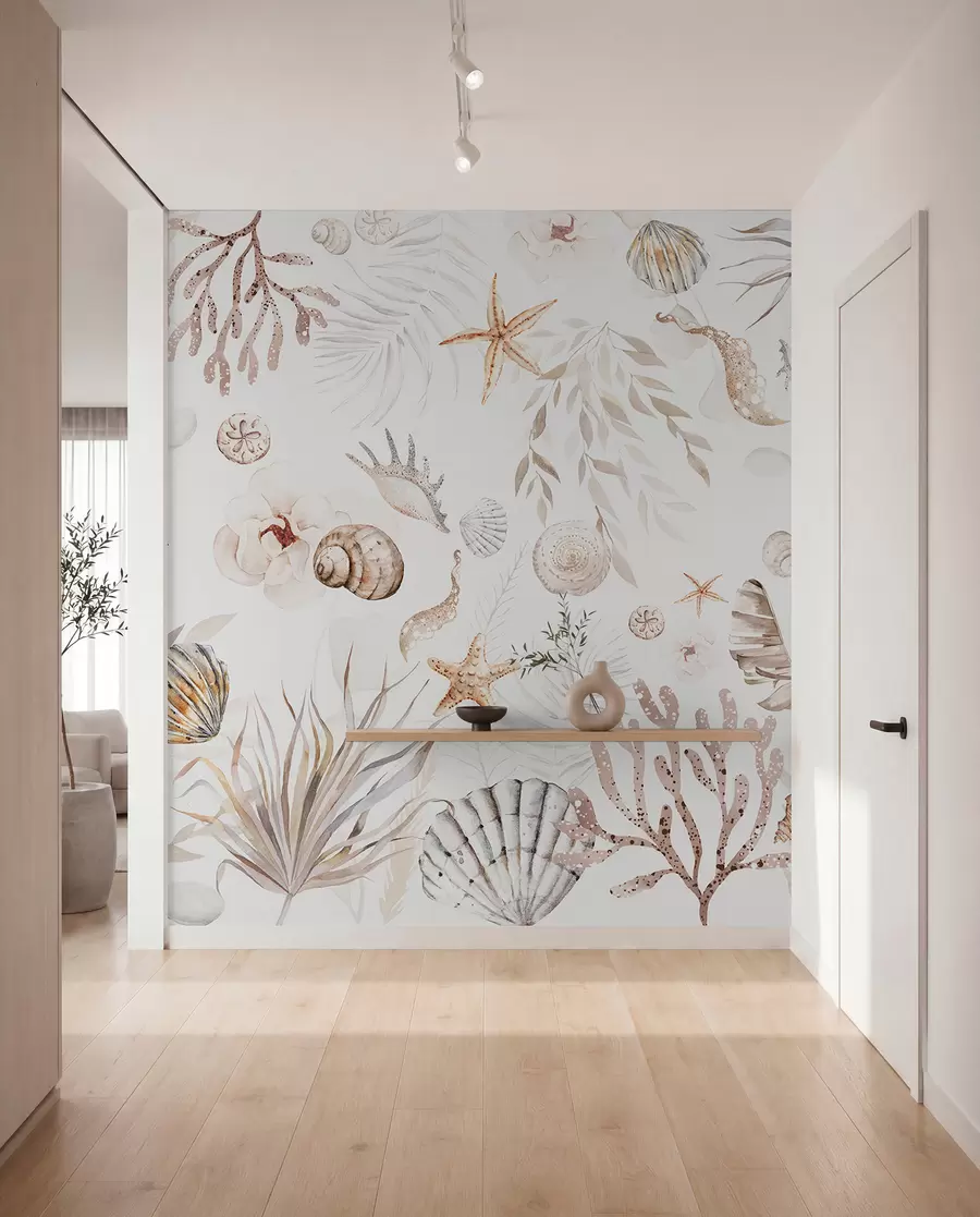 murais de parede Padrão marinho aquarela, estilo boho, conchas, corais, algodão, cores bege w00851