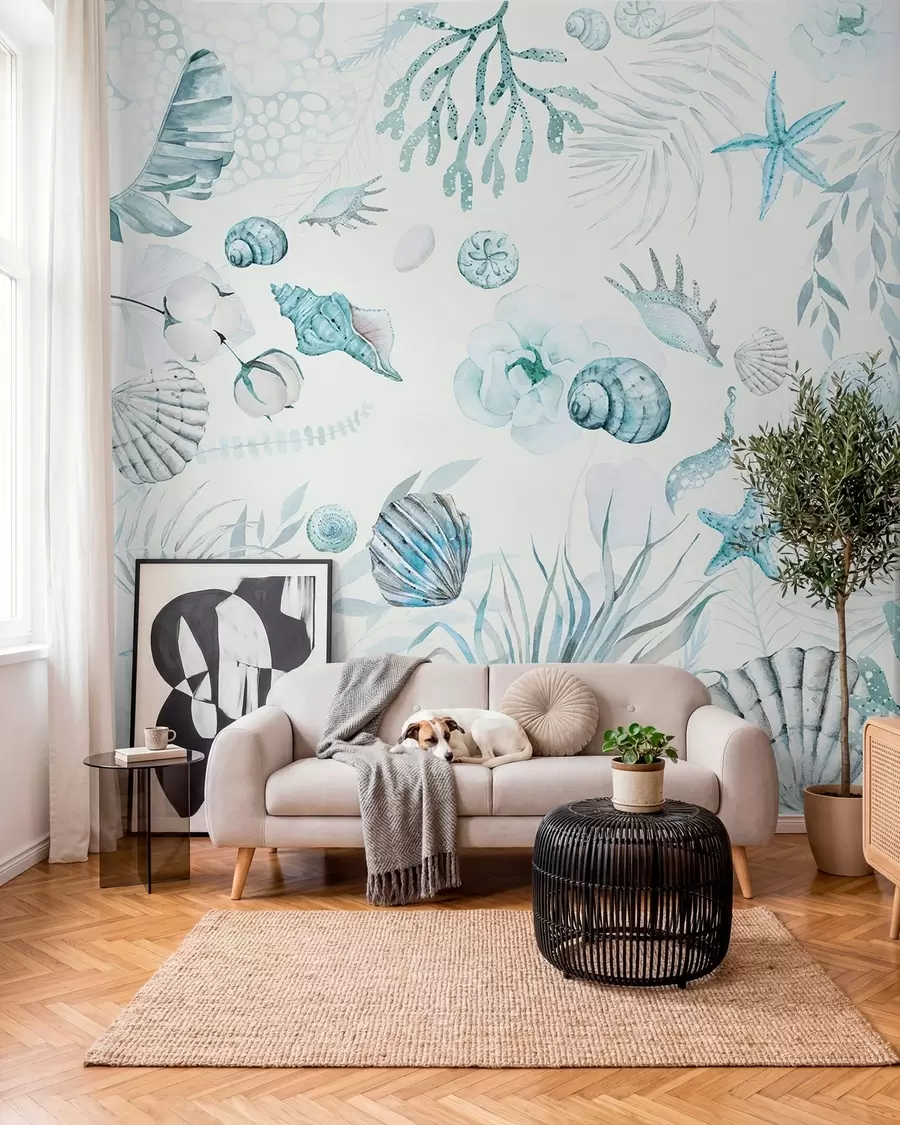 murais de parede Padrão marinho aquarela, estilo boho, conchas, corais, algodão, cores azuis w00851v1