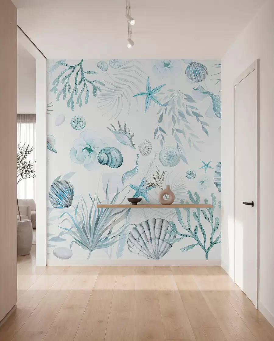 murais de parede Padrão marinho aquarela, estilo boho, conchas, corais, algodão, cores azuis w00851v1