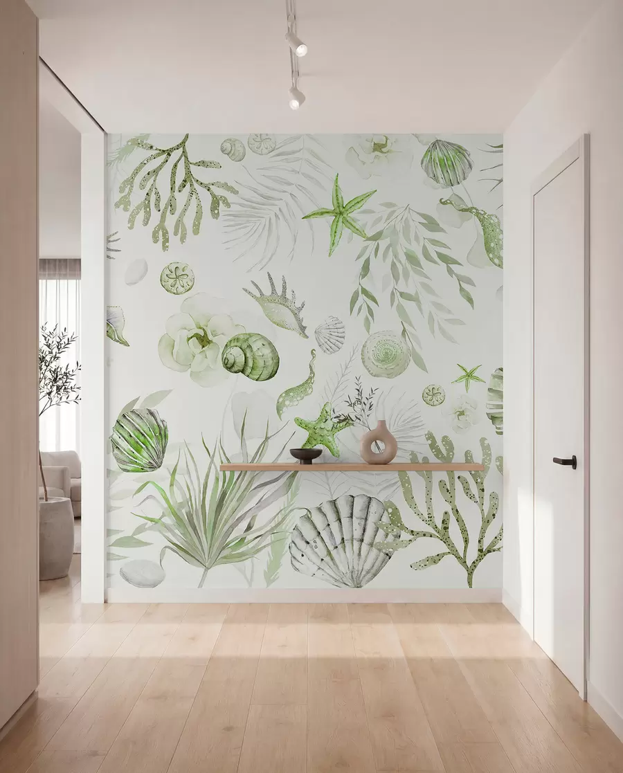 murais de parede Padrão marinho aquarela, estilo boho, conchas, corais, algodão, cores verdes w00851v2