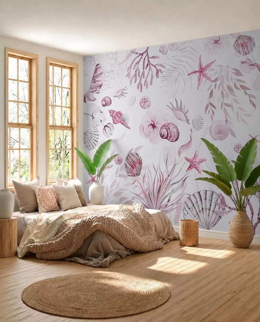 murais de parede Padrão marinho aquarela, estilo boho, conchas, corais, algodão, cores rosa w00851v3