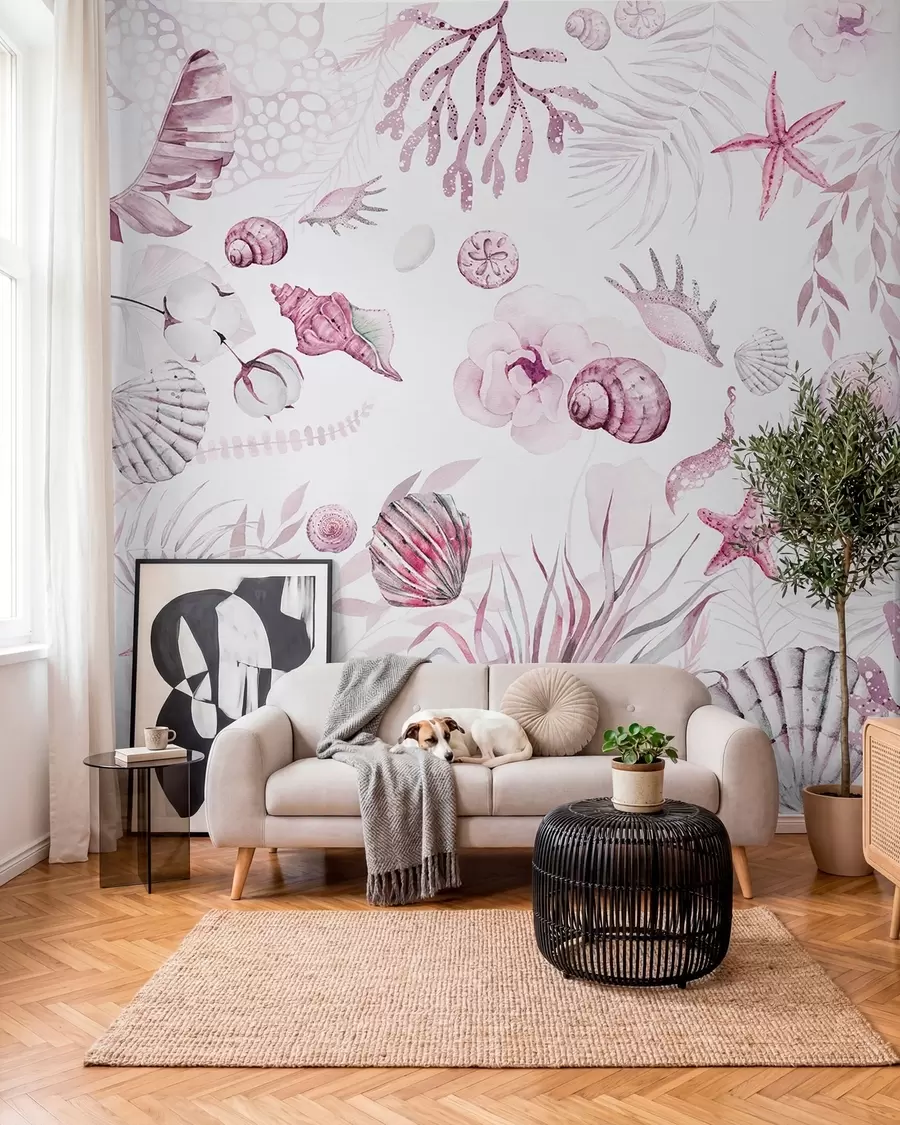 murais de parede Padrão marinho aquarela, estilo boho, conchas, corais, algodão, cores rosa w00851v3