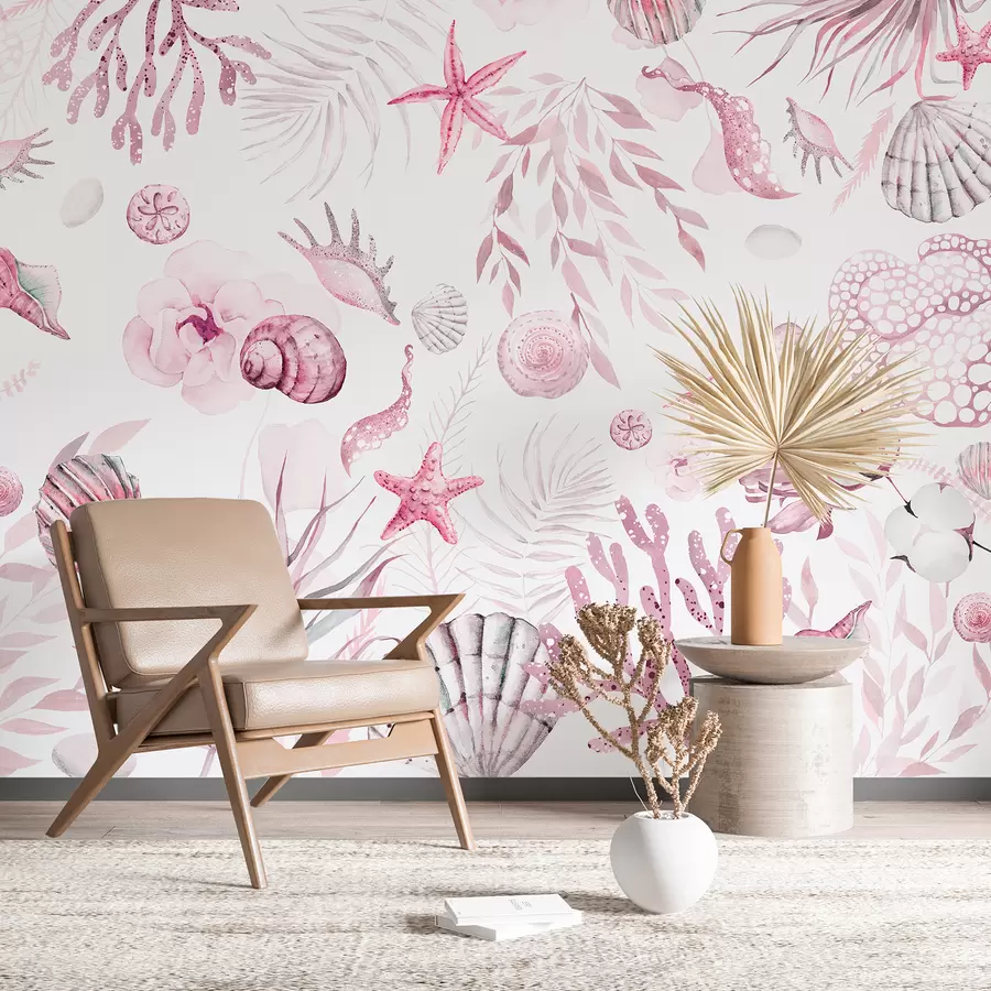 murais de parede Padrão marinho aquarela, estilo boho, conchas, corais, algodão, cores rosa w00851v3