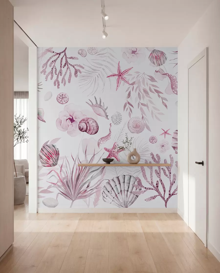 murais de parede Padrão marinho aquarela, estilo boho, conchas, corais, algodão, cores rosa w00851v3