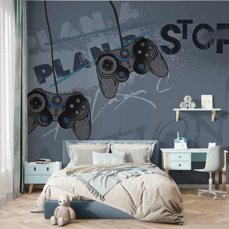 murais de parede Papel de parede infantil para adolescente com joysticks e letras gráficas em azul w00829