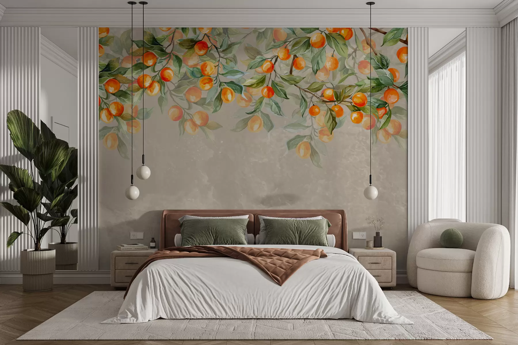 murais de parede ramos com tangerinas em um fundo bege w00924