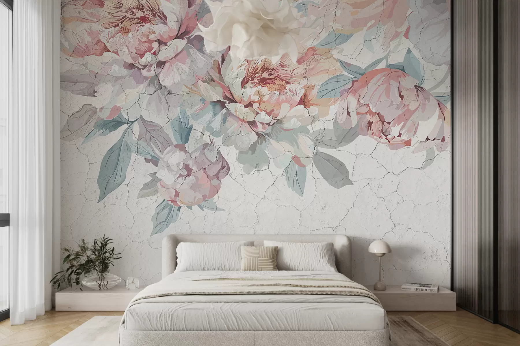 murais de parede Um buquê de flores grandes e suaves de peônia rosa pastel e branca com folhas verdes contra um fundo claro w00896