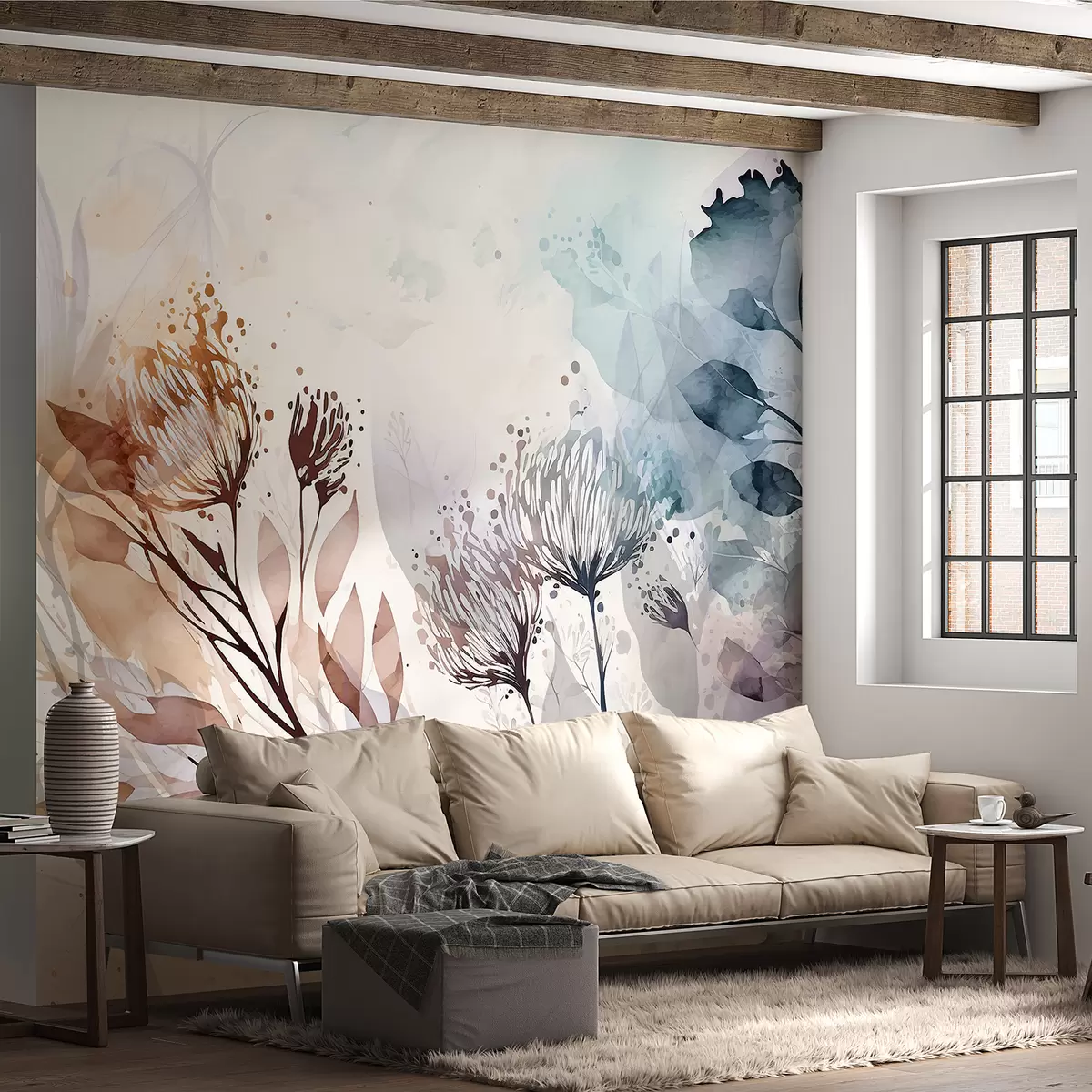 murais de parede Abstrato floral delicado, flores estilizadas e elementos de formas de plantas em aquarela de tons suaves e terrosos w00898