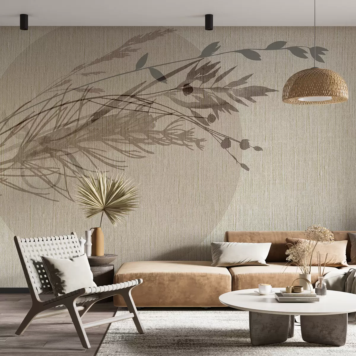 murais de parede Uma ilustração minimalista de uma forma circular com elementos abstratos semelhantes a plantas em tons suaves de terra w00902