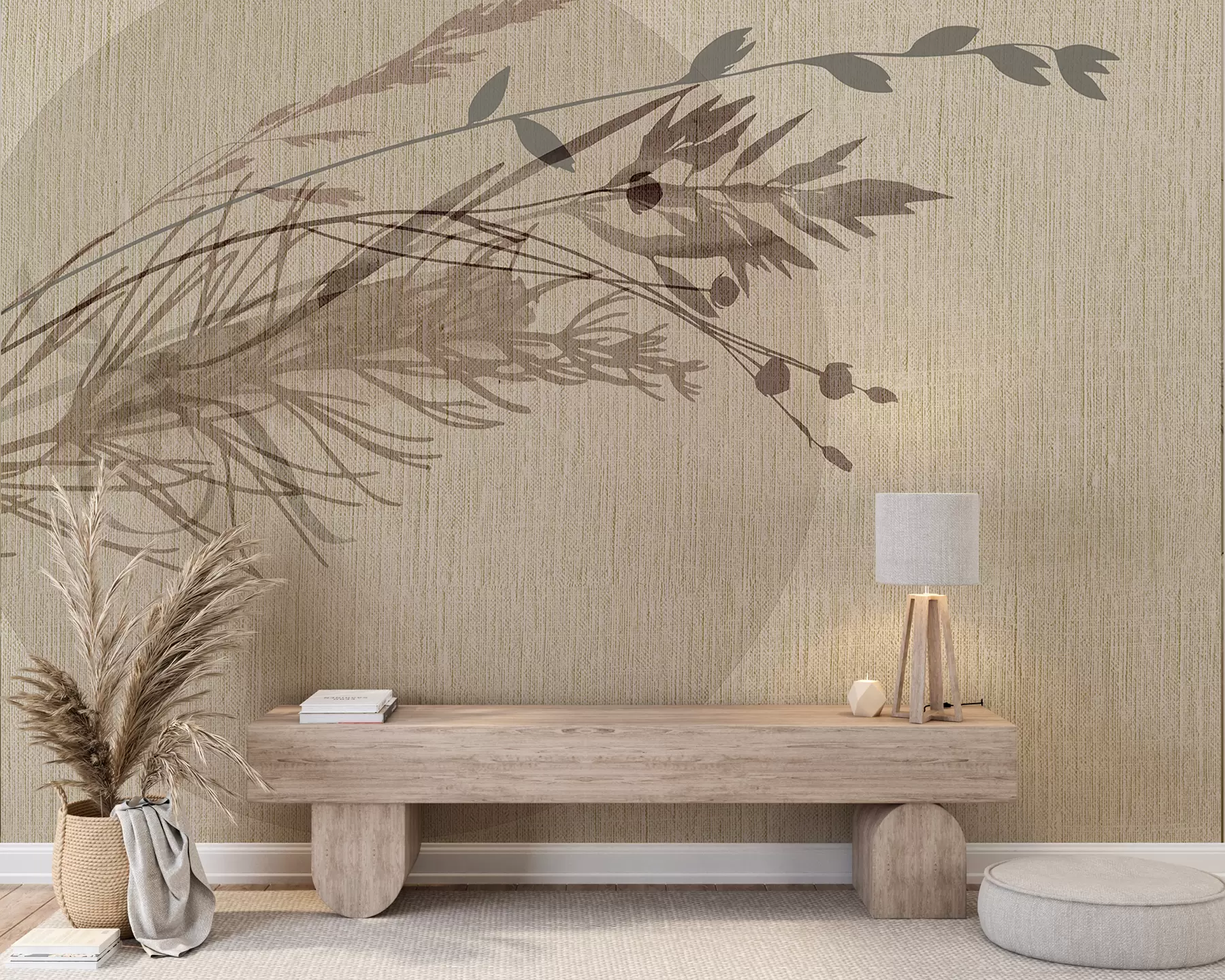 murais de parede Uma ilustração minimalista de uma forma circular com elementos abstratos semelhantes a plantas em tons suaves de terra w00902