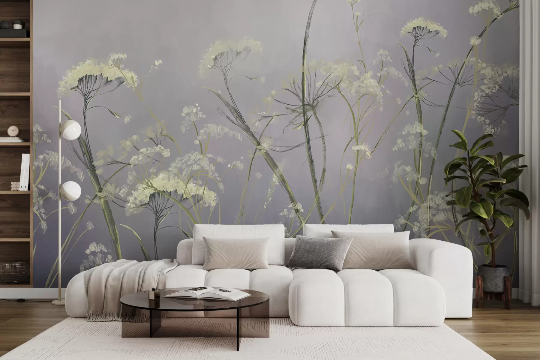 murais de parede Flores silvestres brancas em um campo enevoado com fundo cinza suave e desfocado w00903