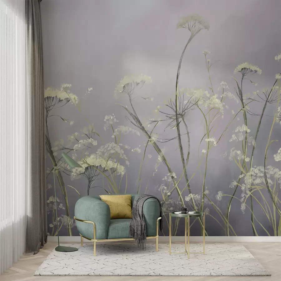 murais de parede Flores silvestres brancas em um campo enevoado com fundo cinza suave e desfocado w00903