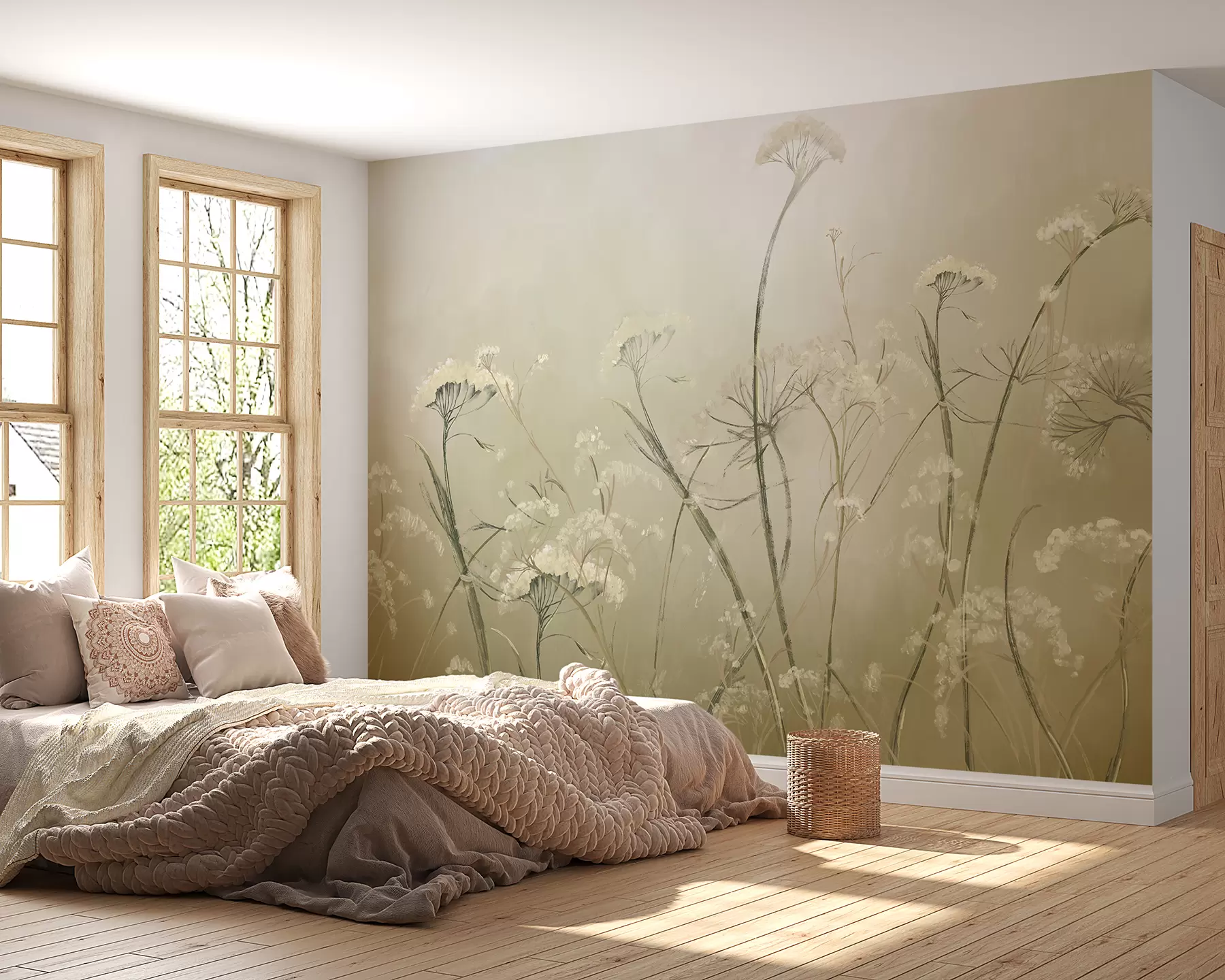 murais de parede Flores silvestres brancas em um campo enevoado com fundo sépia suave e desfocado w00903v1