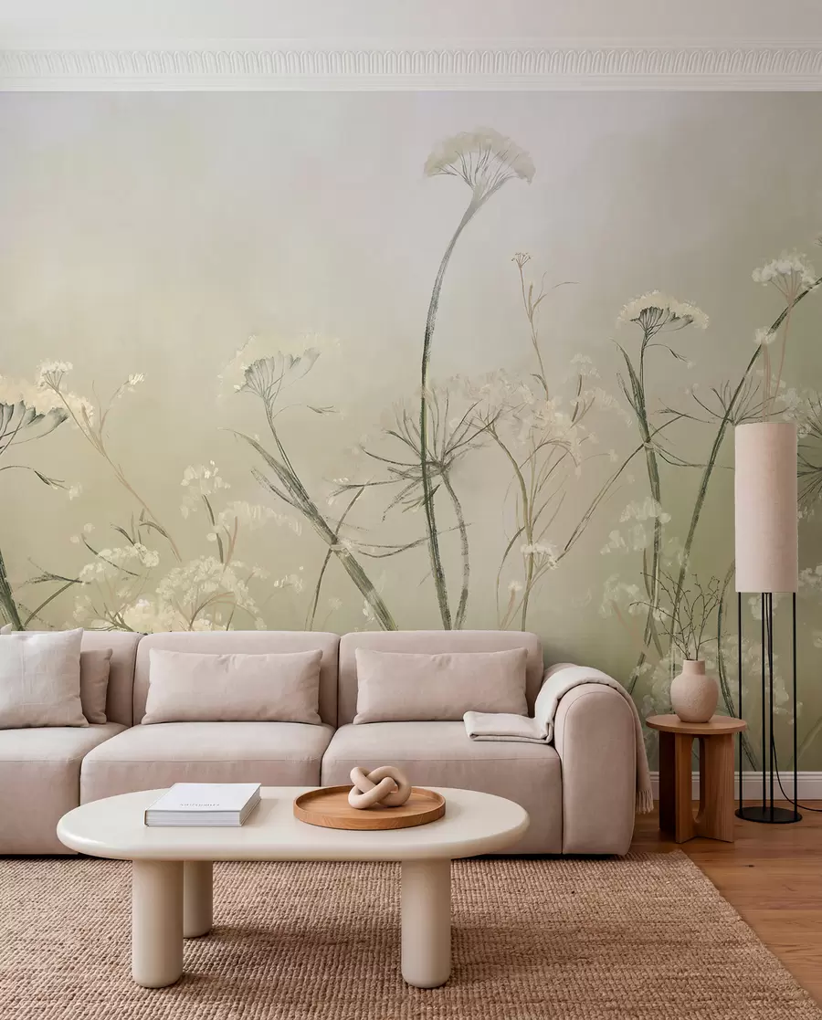 murais de parede Flores silvestres brancas em um campo enevoado com fundo sépia suave e desfocado w00903v1