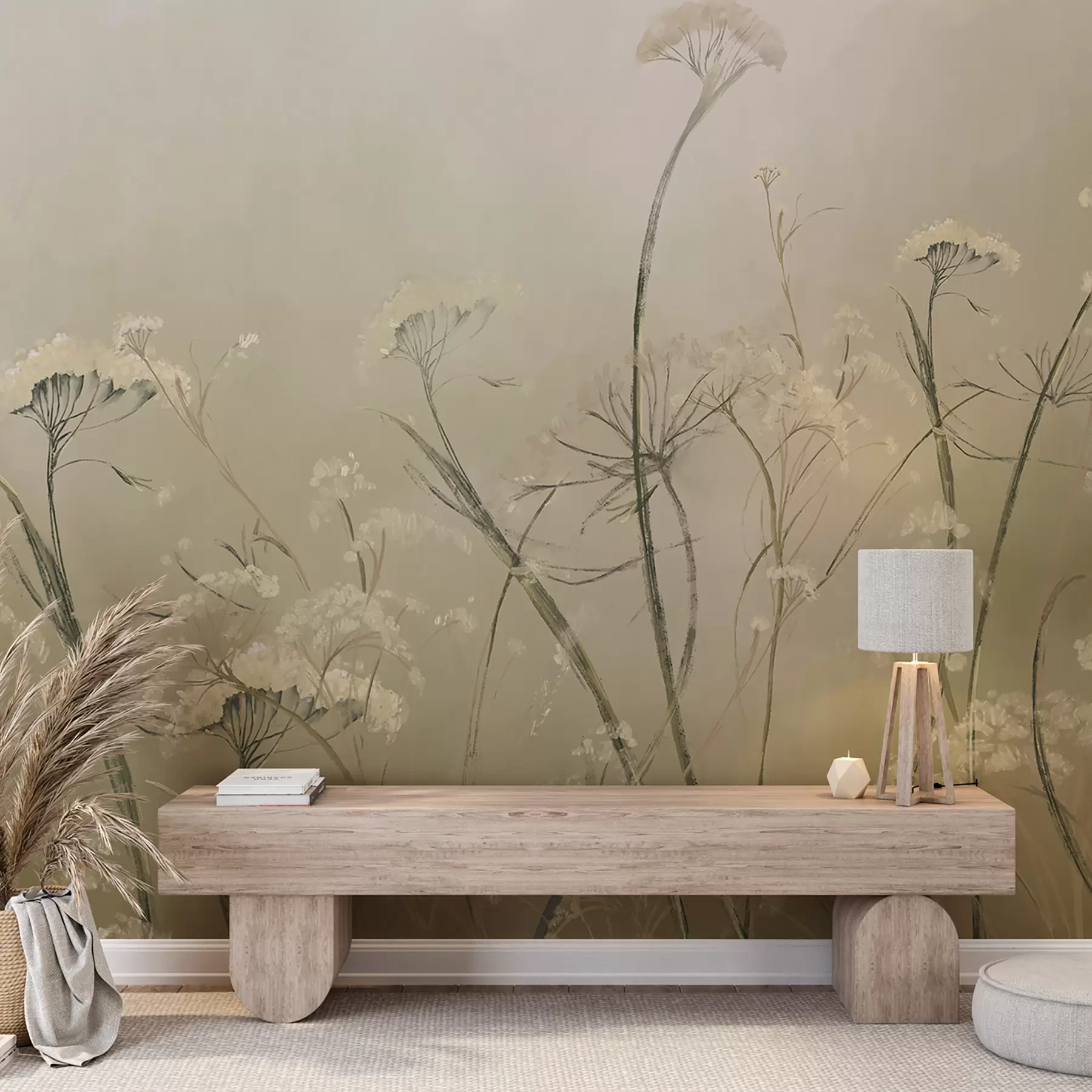 murais de parede Flores silvestres brancas em um campo enevoado com fundo sépia suave e desfocado w00903v1